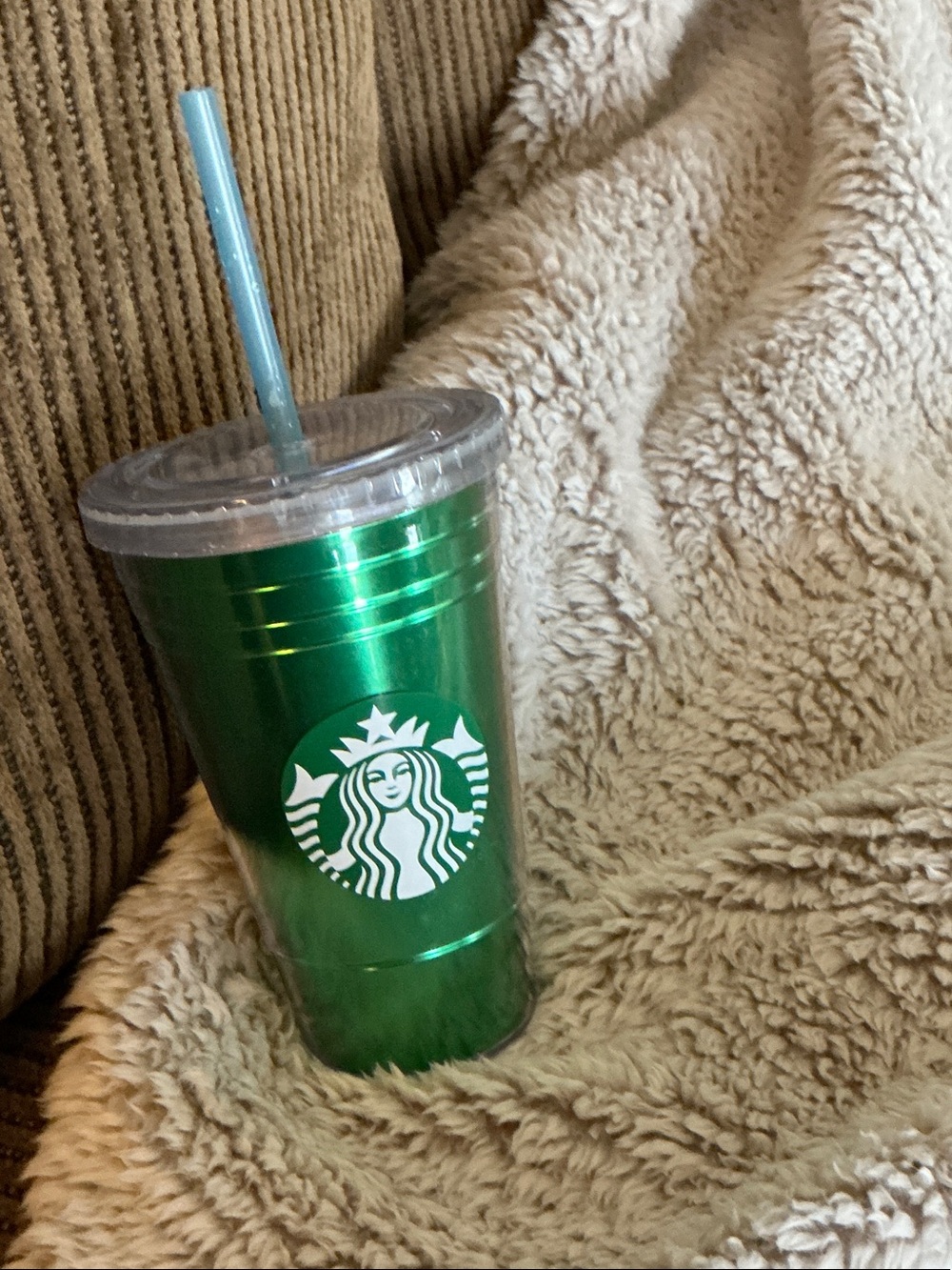 Starbucks Metallic Green Double-Wall Tumbler with Light Blue Straw